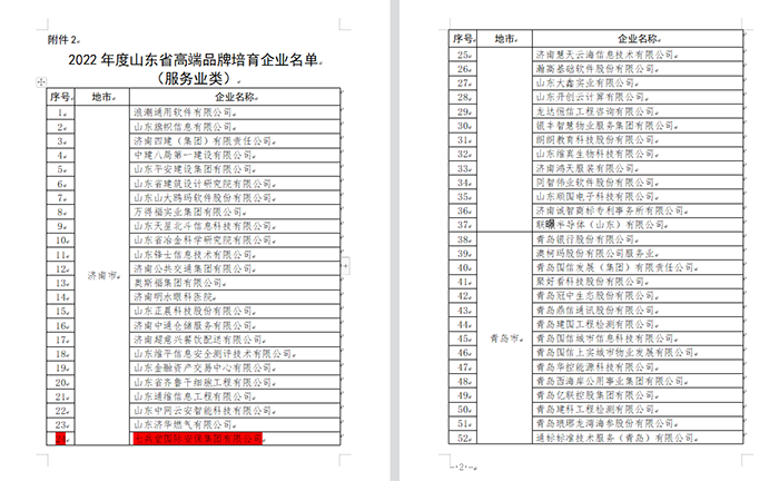 2022 年山東省高端品牌培育企業(yè)名單